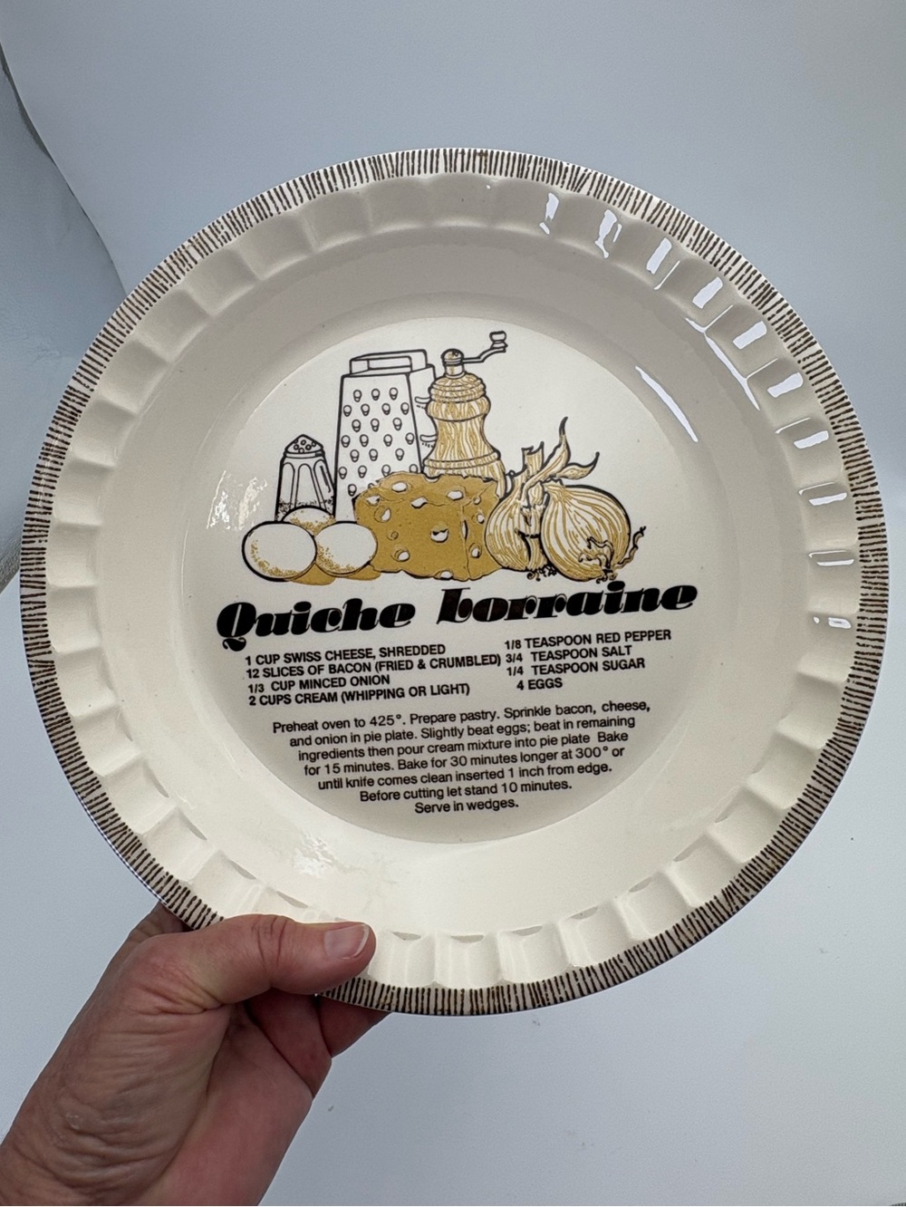 Vintage Quiche Lorraine Ceramic Pie Dish with Recipe Print - Cream/Black